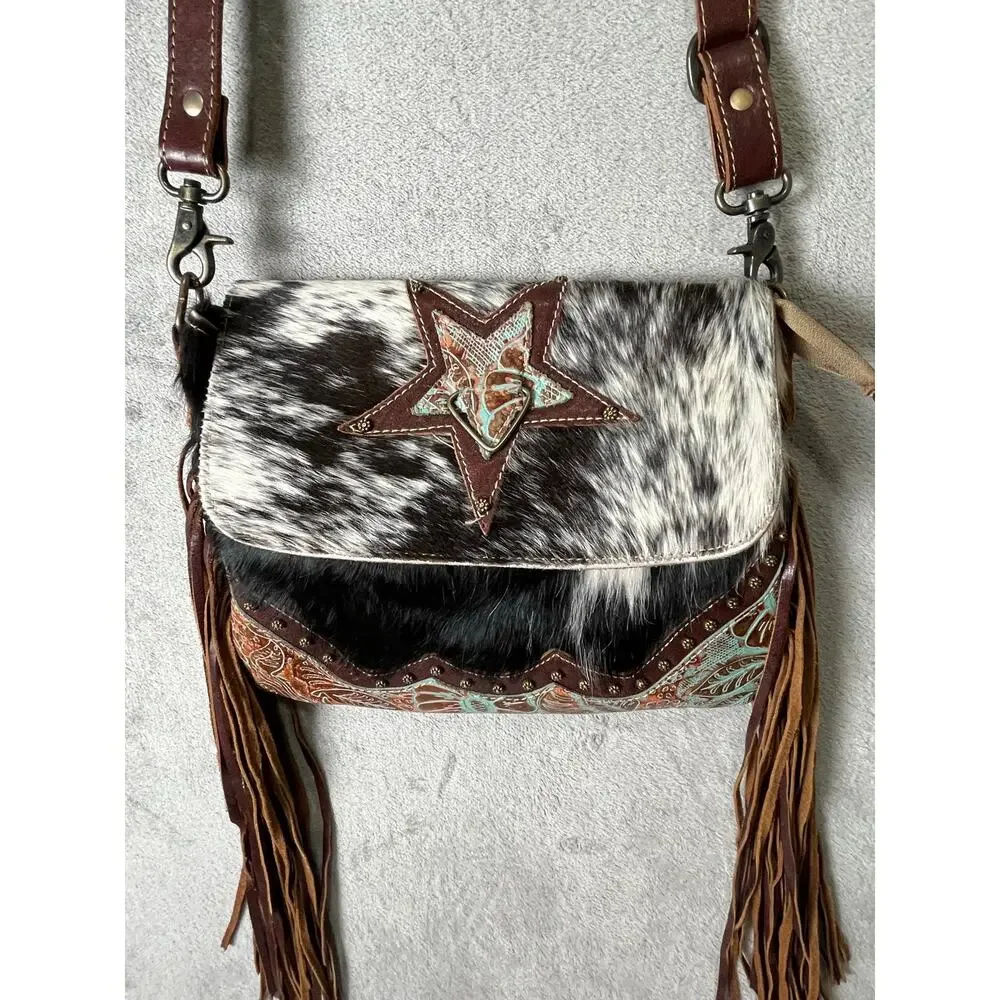 Myra Western Cowhide Fringe Crossbody Bag Leather Star Boho Cowgirl Rodeo Purse
